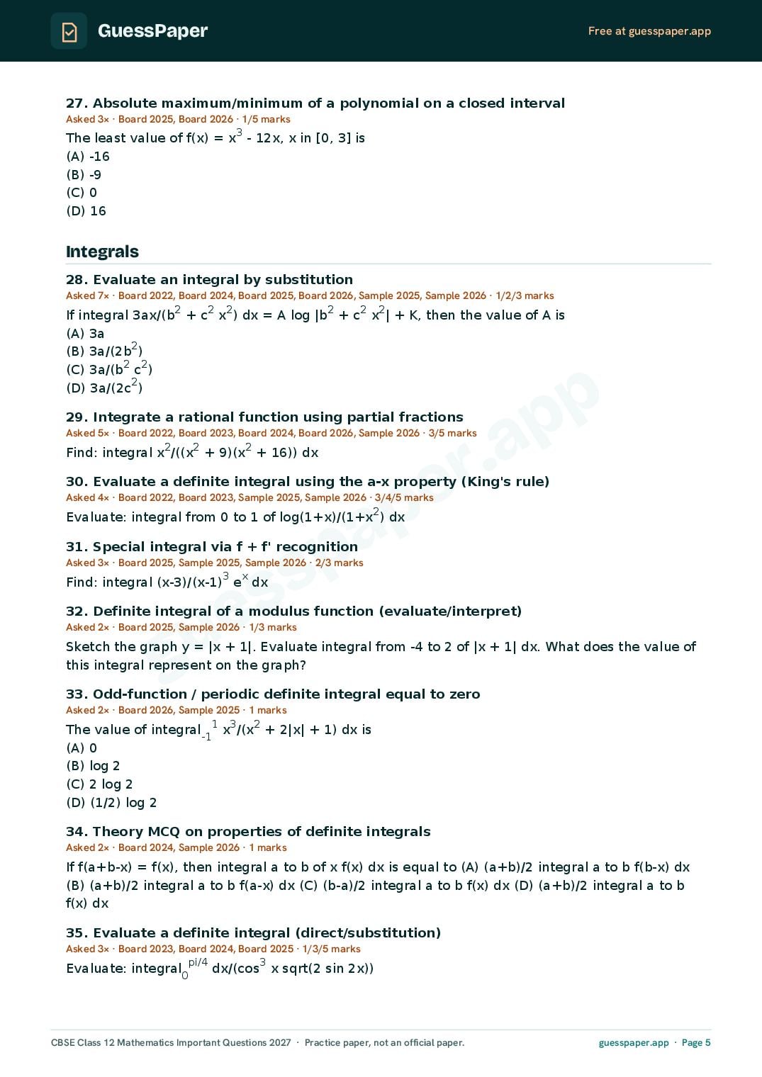 CBSE Class 12 Maths Important Questions 2027 (PDF)