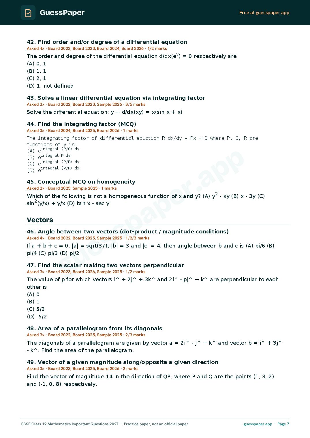 CBSE Class 12 Maths Important Questions 2027 (PDF)