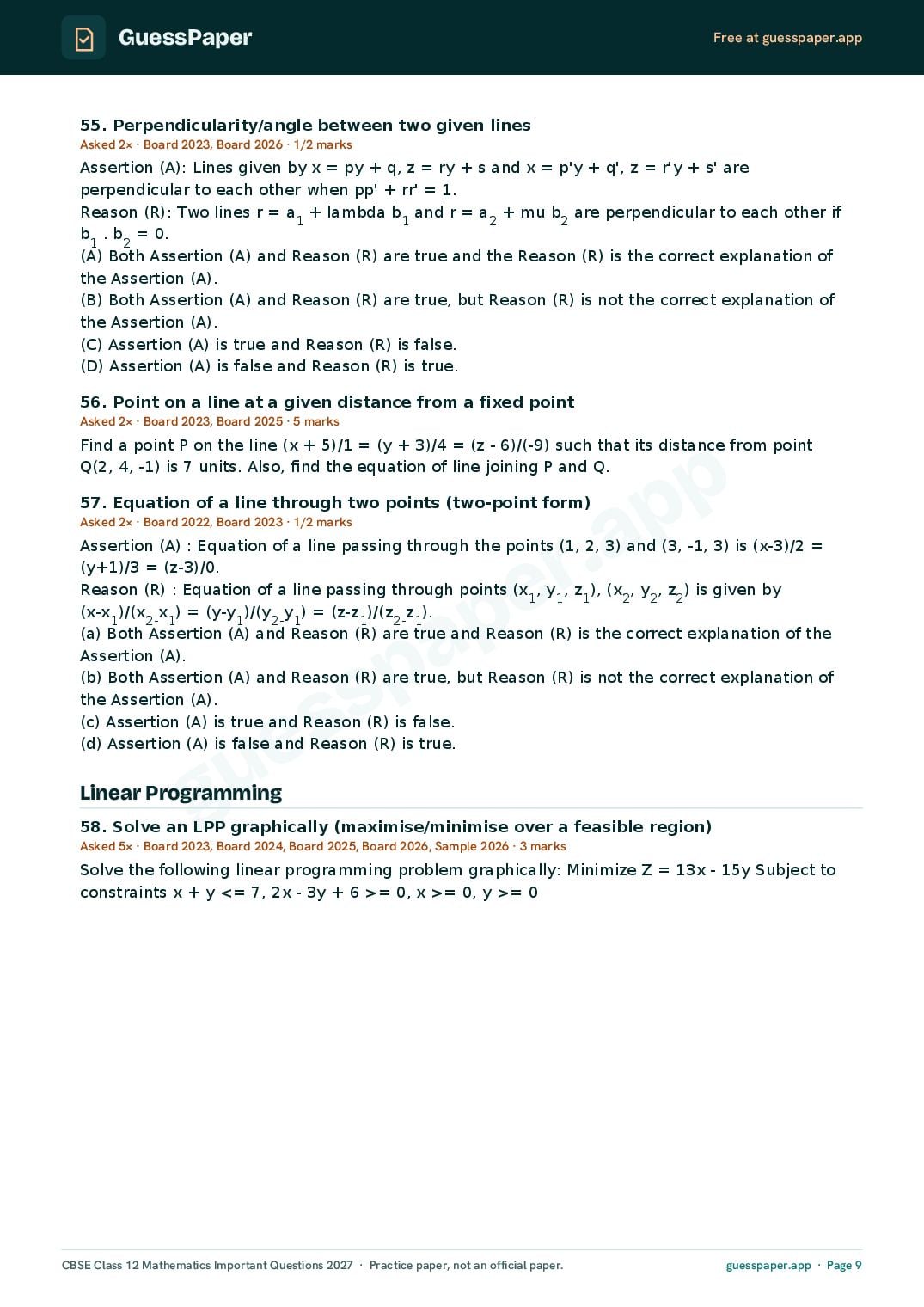 CBSE Class 12 Maths Important Questions 2027 (PDF)