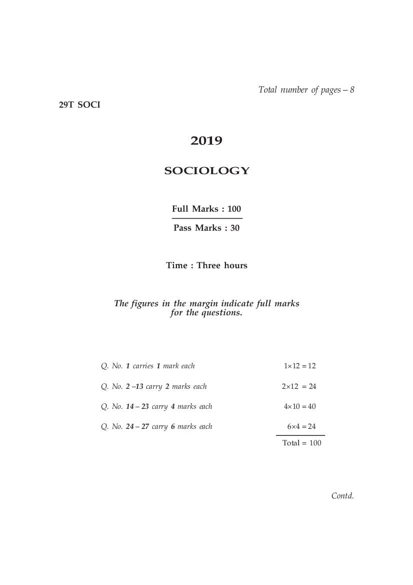 AHSEC HS 2nd Year Question Paper 2019 Sociology - Page 1