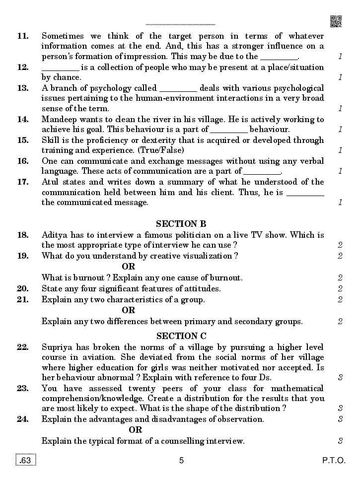 Cbse Question Paper 2020 For Class 12 Psychology With Answers Download Pdf 7930