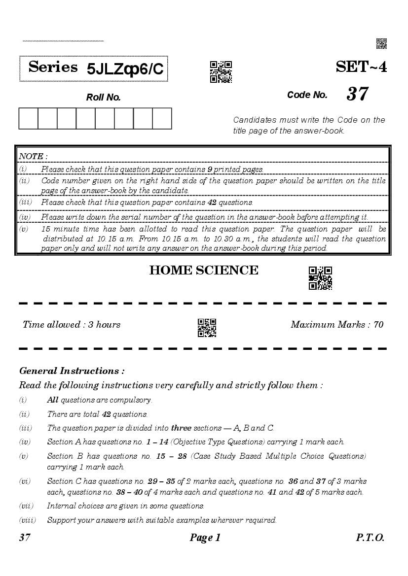 CBSE Class 10 Question Paper 2021 Home Science (Compartment) - Page 1