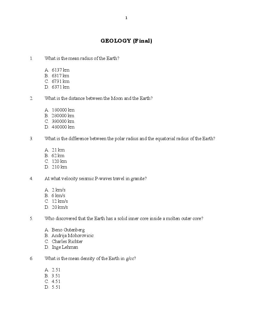 CUSAT CAT 2016 Question Paper Geology - Page 1