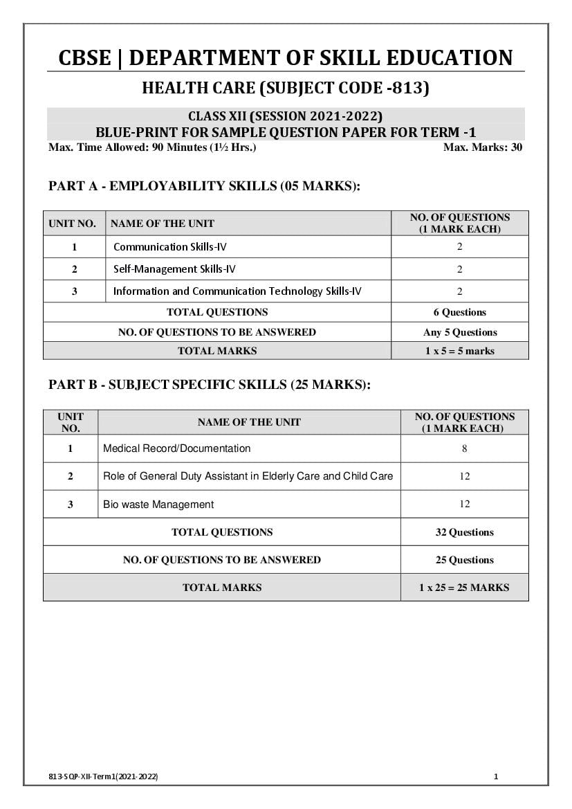 CBSE Class 12 Sample Paper 2022 for Health CareTerm 1 - Page 1