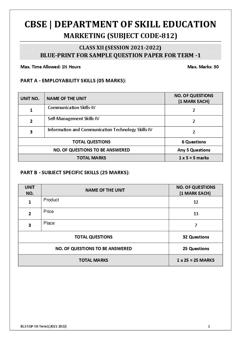 CBSE Class 12 Sample Paper 2022 for Marketing Term 1 - Page 1