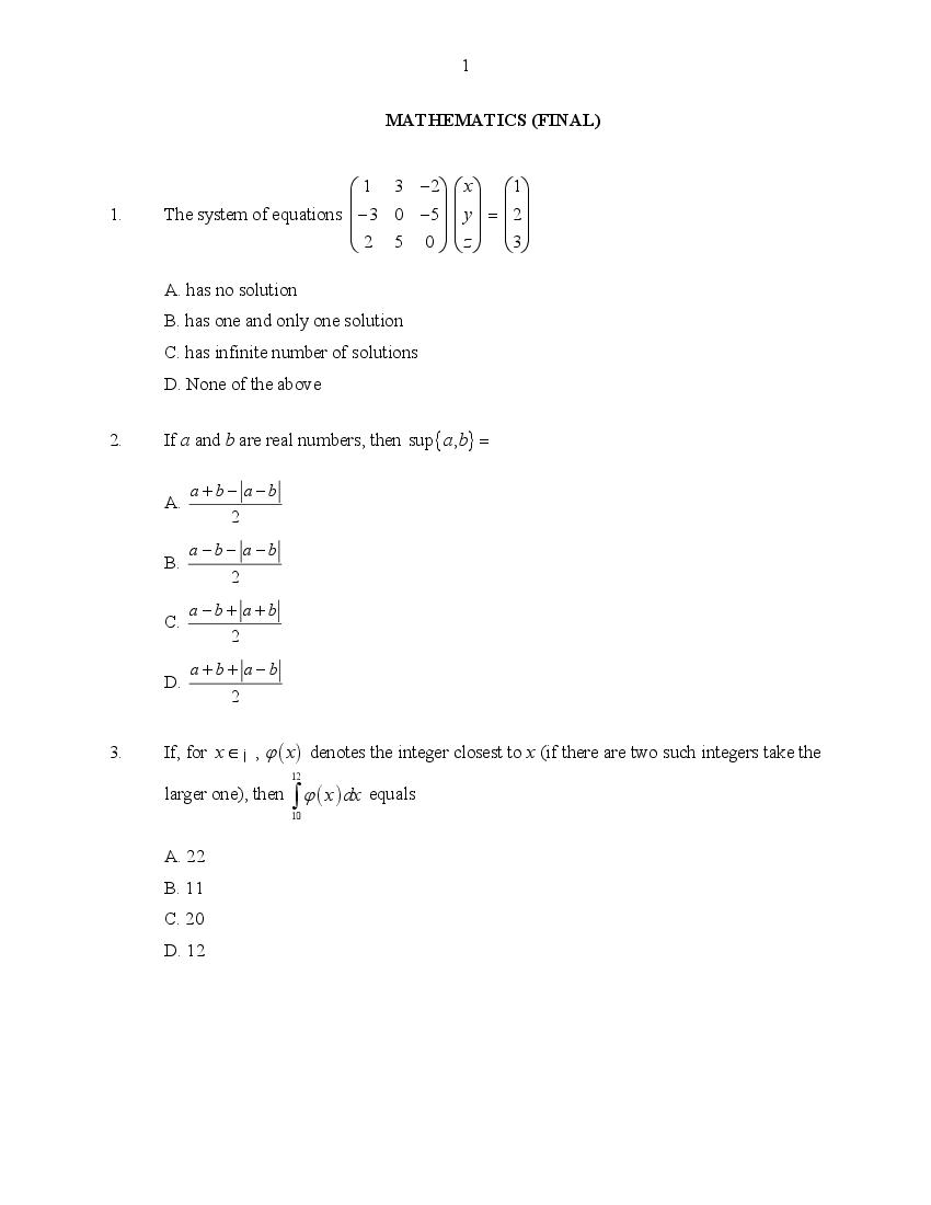 CUSAT CAT 2016 Question Paper Mathematics - Page 1
