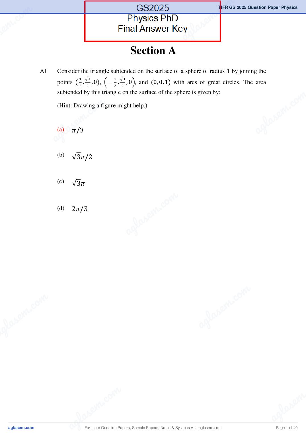 TIFR GS 2025 Question Paper PDF with Answers (8 Papers)