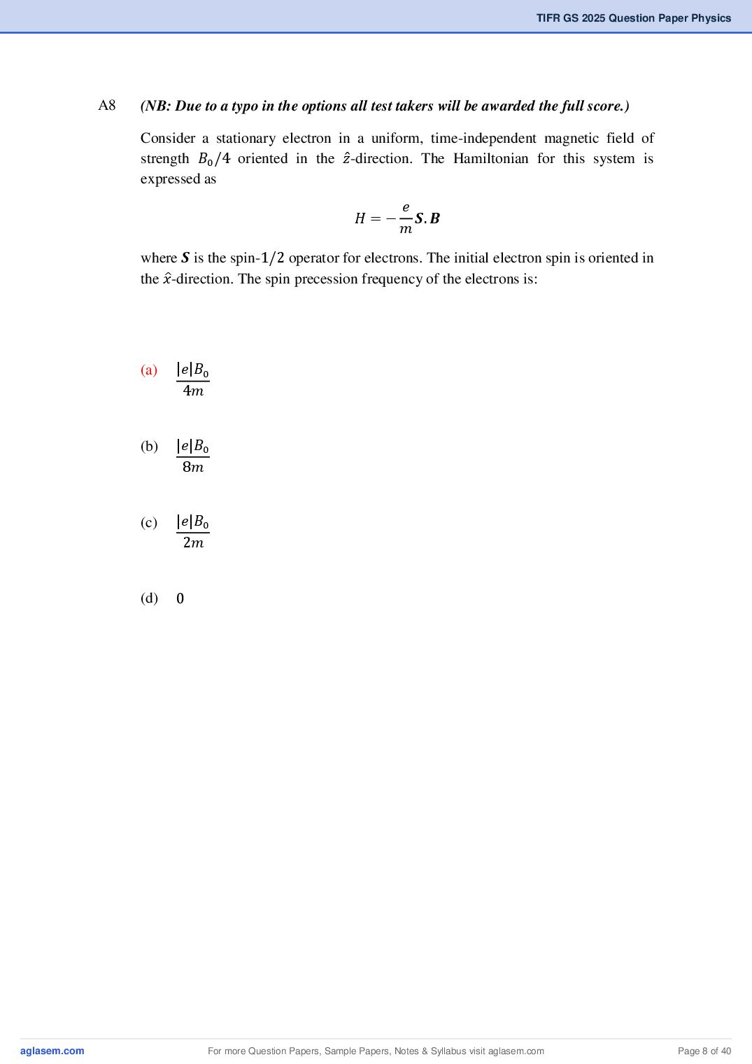 TIFR GS 2025 Question Paper PDF with Answers (8 Papers)