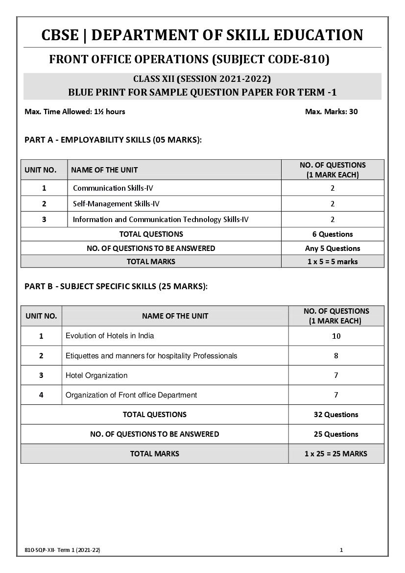 CBSE Class 12 Sample Paper 2022 for Front Office Operations Term 1 - Page 1