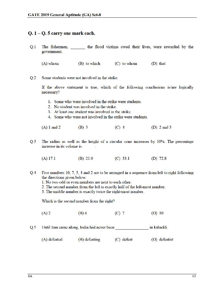 GATE 2019 Question Paper MA Mathematics - Page 1