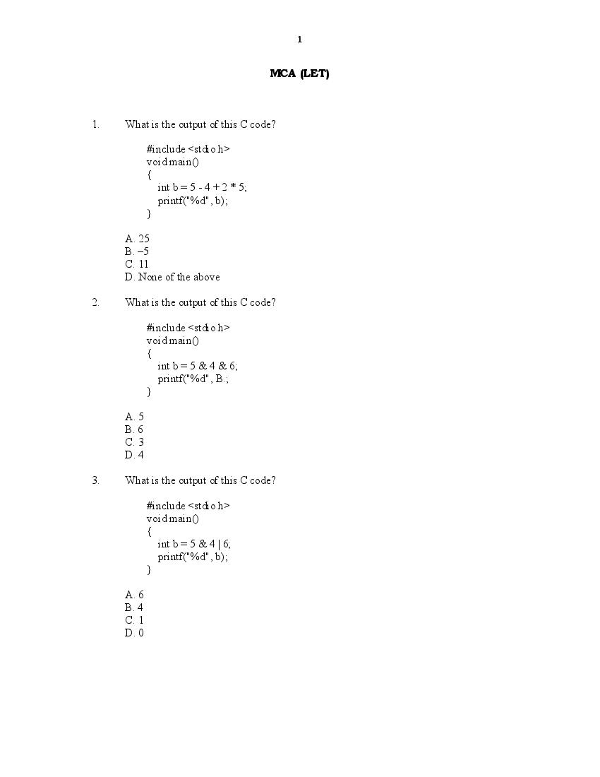 CUSAT CAT 2016 Question Paper MCA LE - Page 1