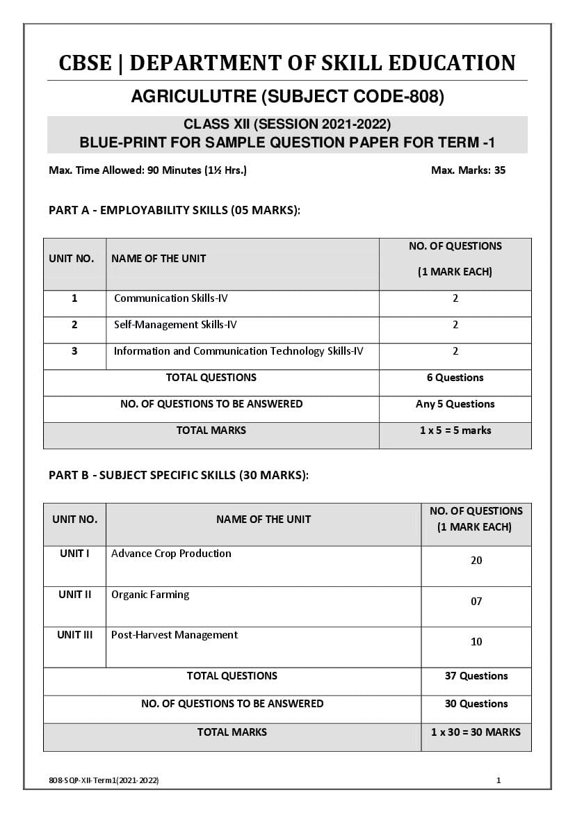 CBSE Class 12 Sample Paper 2022 for Agriculture Term 1 - Page 1