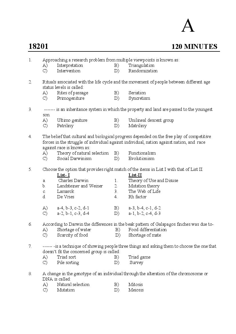 Kerala SET 2018 Feb Question Paper Anthropology - Page 1 of 14