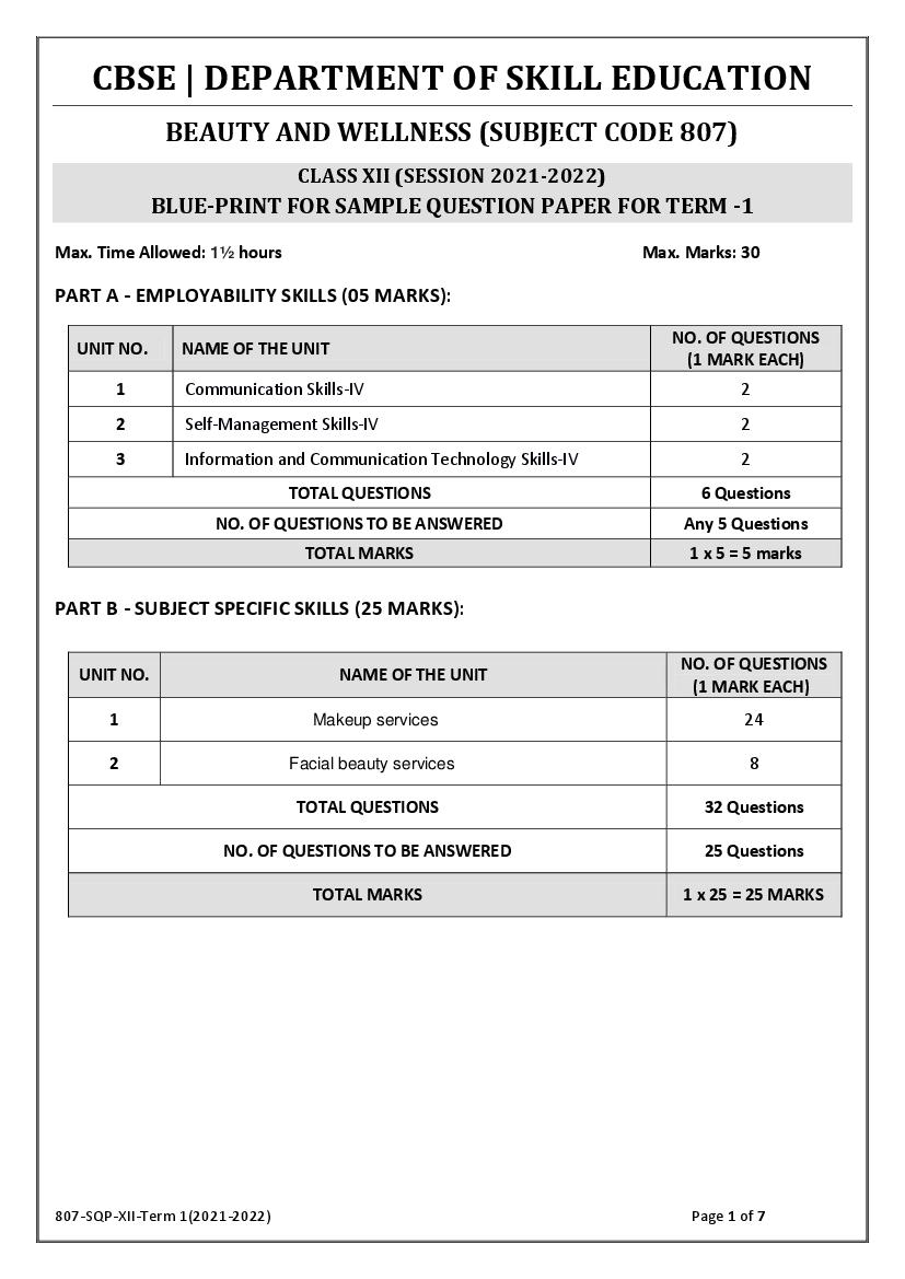 CBSE Class 12 Sample Paper 2022 for Beauty and Wellness Term 1 - Page 1