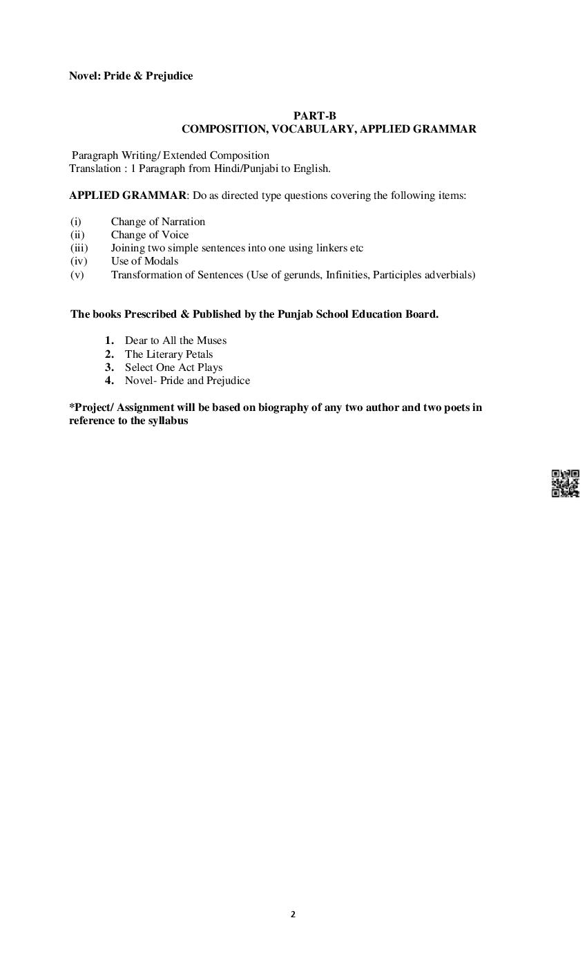 PSEB Class 12 English Elective Syllabus (PDF)