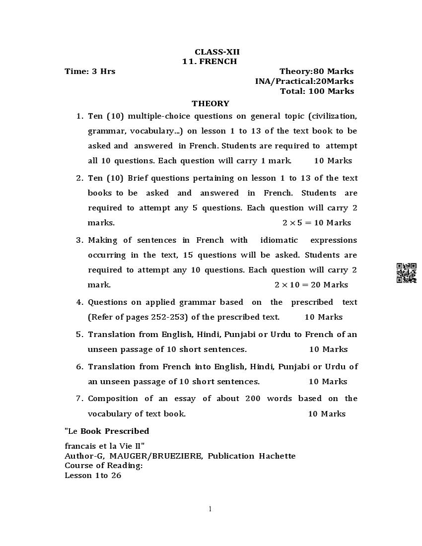 PSEB Class 12 French Syllabus (PDF)