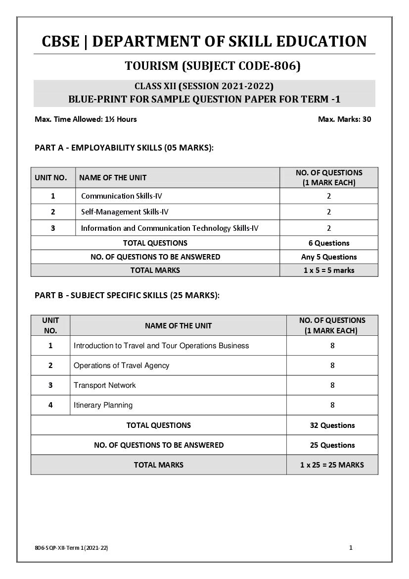 CBSE Class 12 Sample Paper 2022 for Tourism Term 1 - Page 1