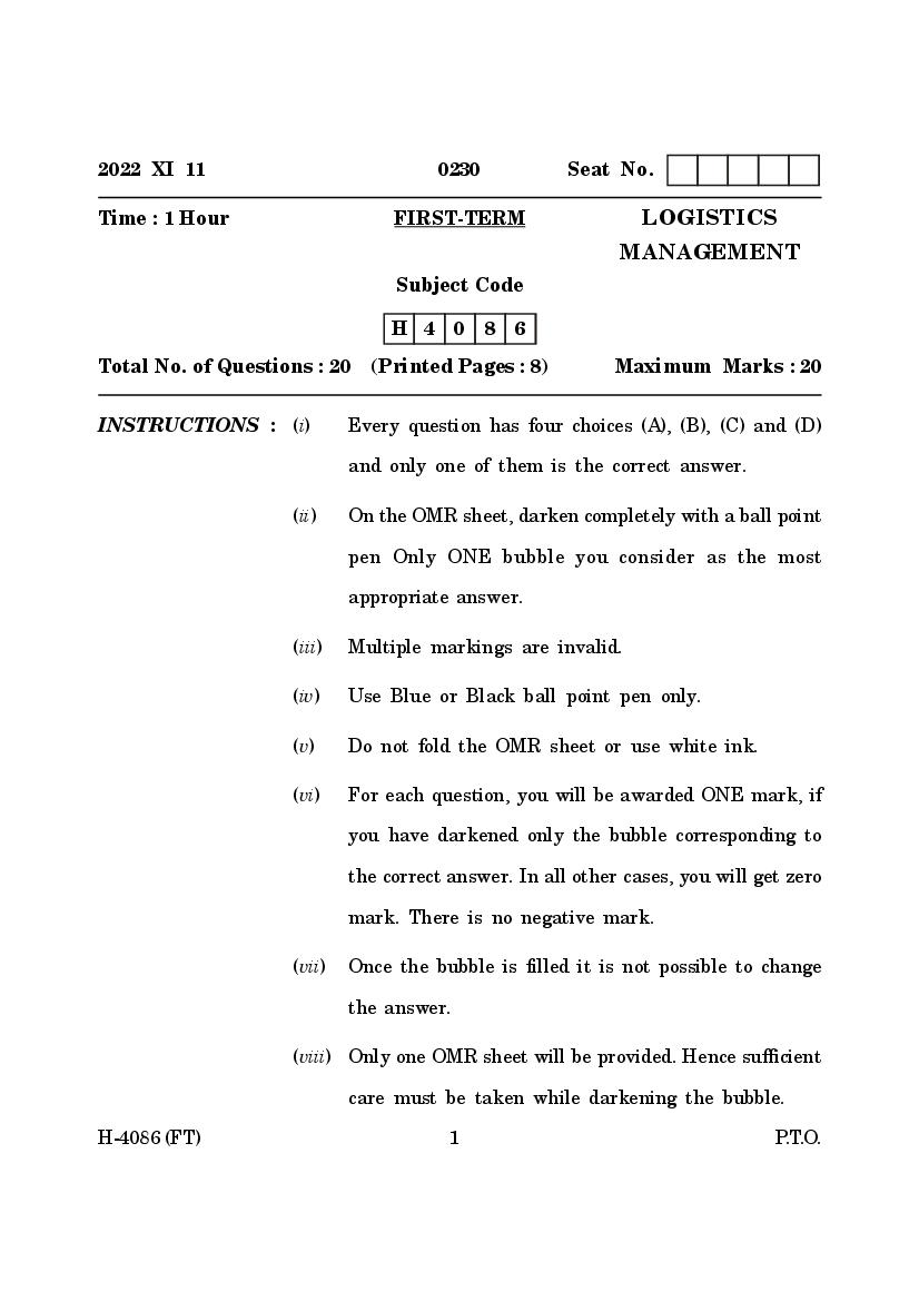 Goa Board Class 12 Question Paper 2022 Logistics Management - Page 1