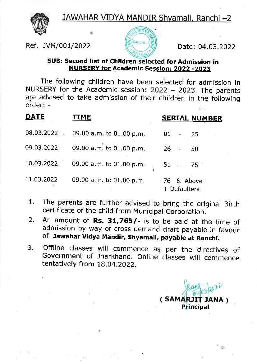 JVM Shyamali Nursery Admission 2022 2nd Selected Candidates List - Page 1