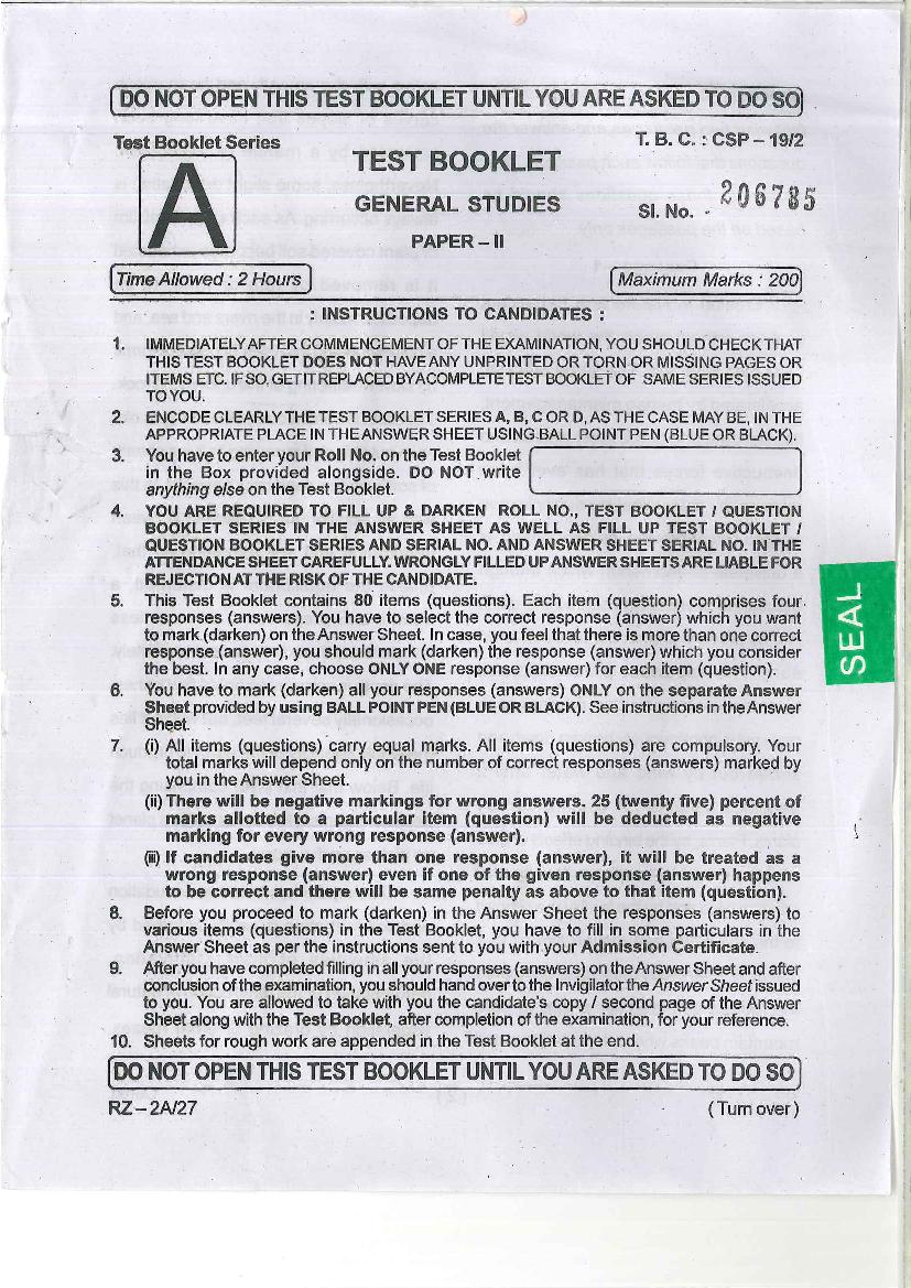 OPSC OAS Question Papers Prelims Exam 2019 paper 2 - Page 1