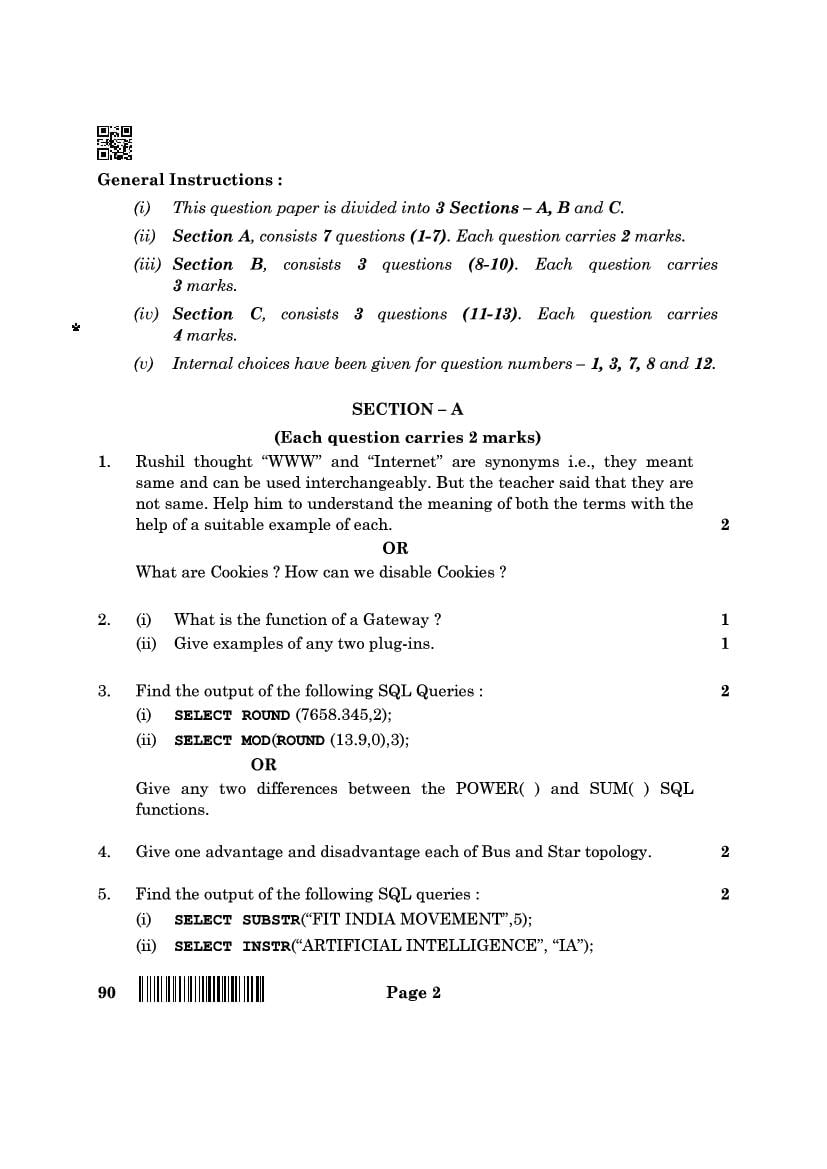 CBSE Class 12 Question Paper 2022 Informatics Practice PDF With Solution