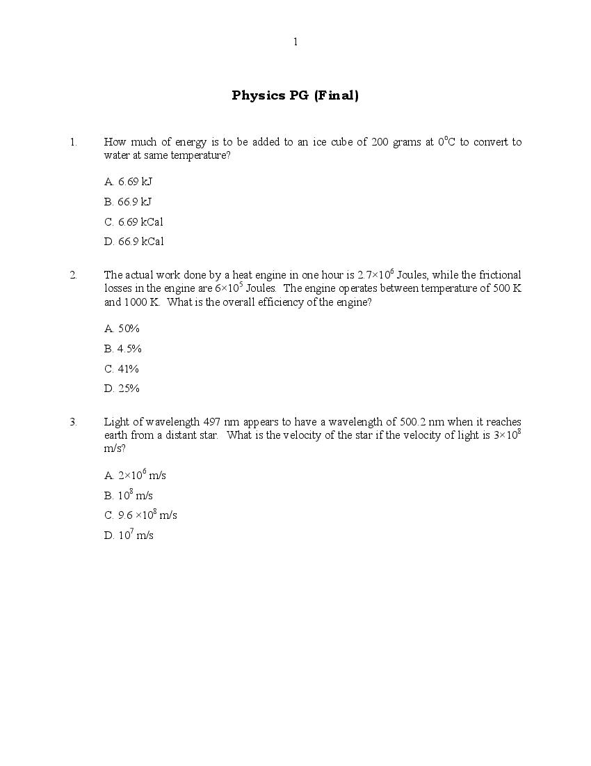 CUSAT CAT 2016 Question Paper Physics - Page 1