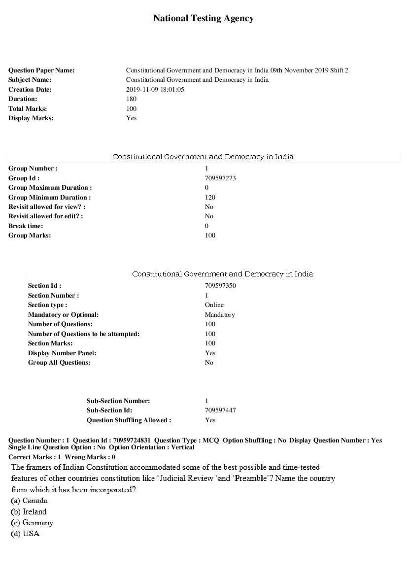 SWAYAM 2019 Question Paper Constitutional Government and Democracy in India - Page 1 of 28