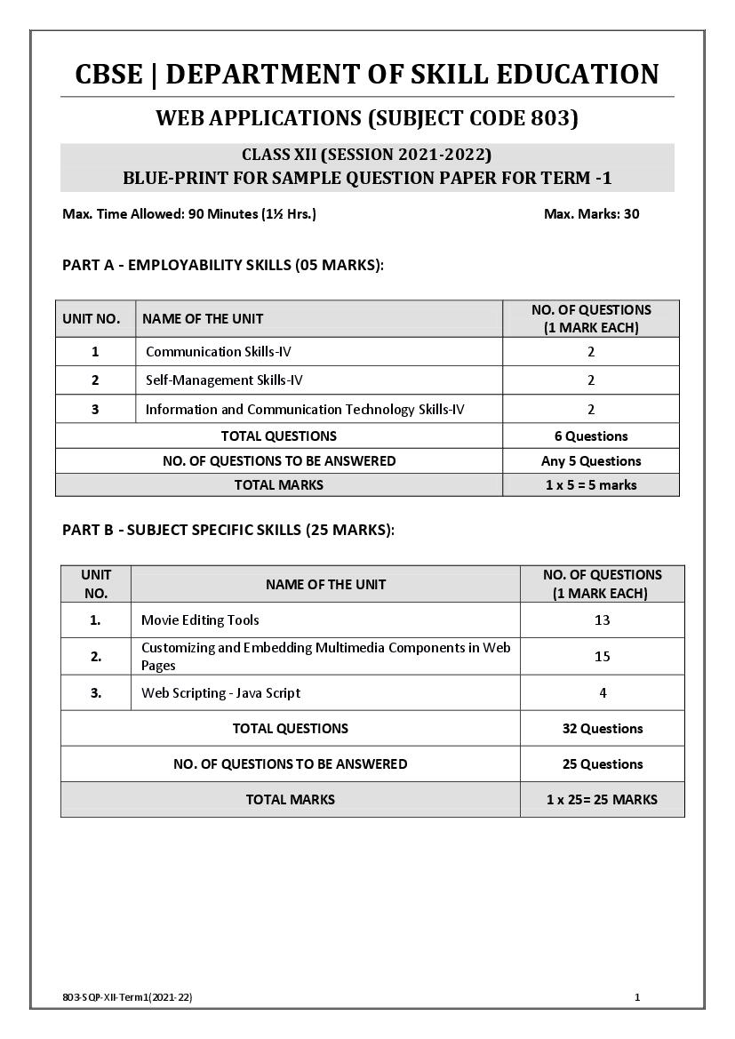CBSE Class 12 Sample Paper 2022 for Web Application Term 1 - Page 1