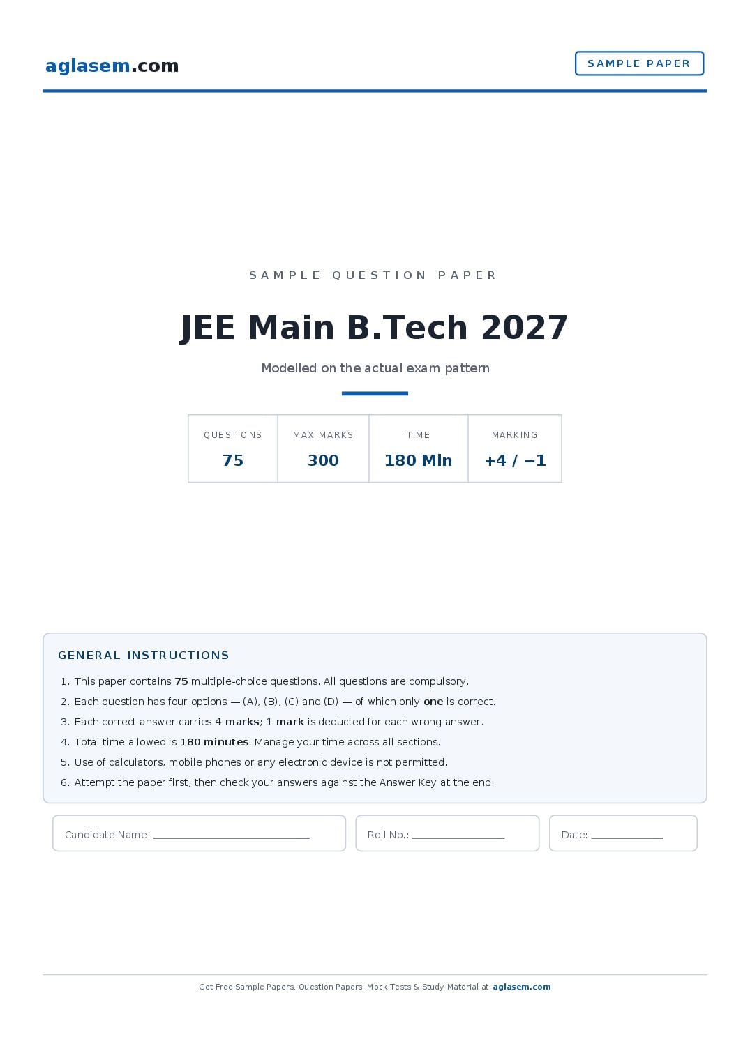 JEE Main 2027 Sample Paper B.Tech - Page 1 of 13