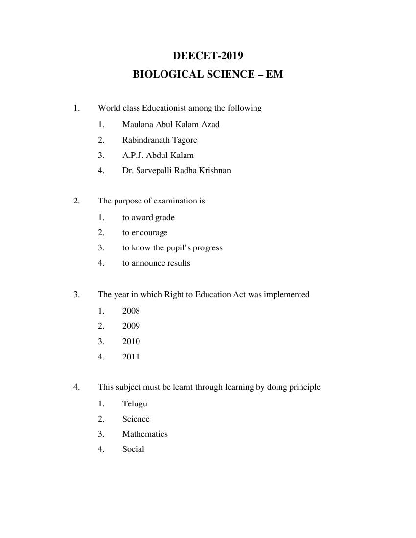 AP DEECET 2019 Question Paper Biological Science (English) - Page 1