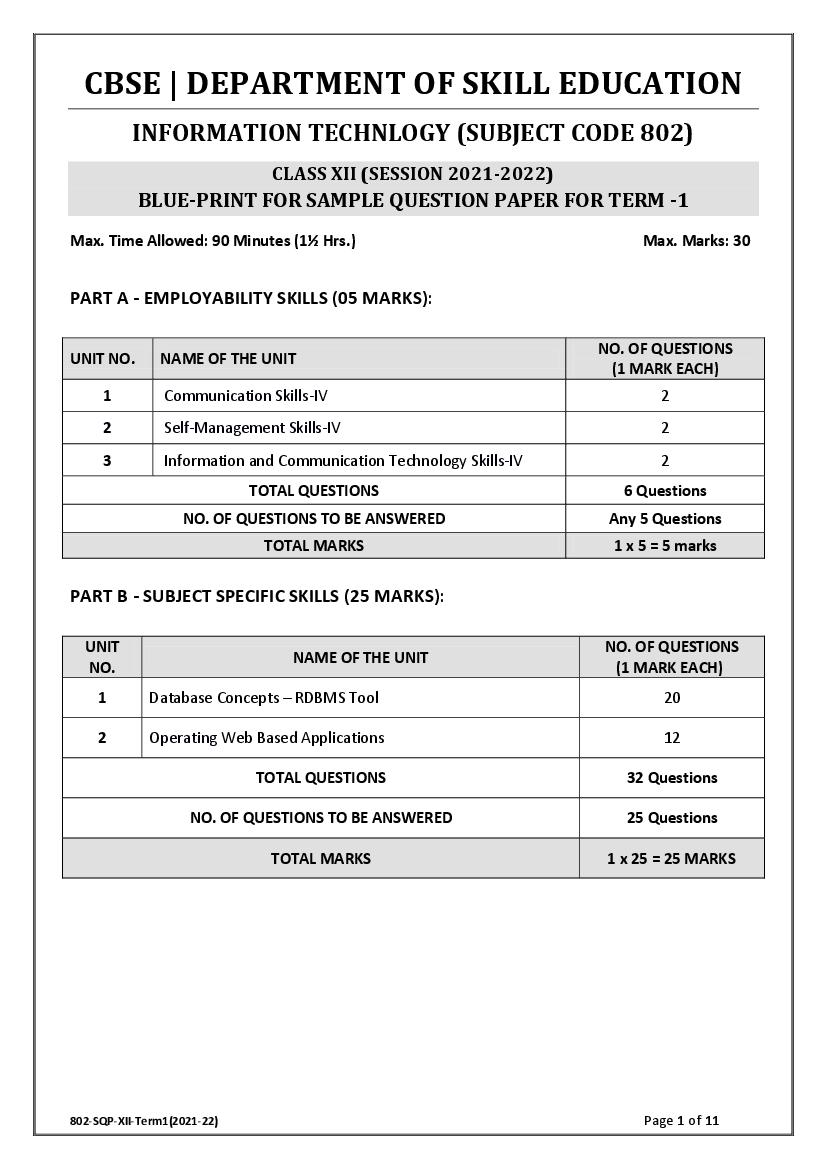 CBSE Class 12 Sample Paper 2022 for Information Technology Term 1 - Page 1