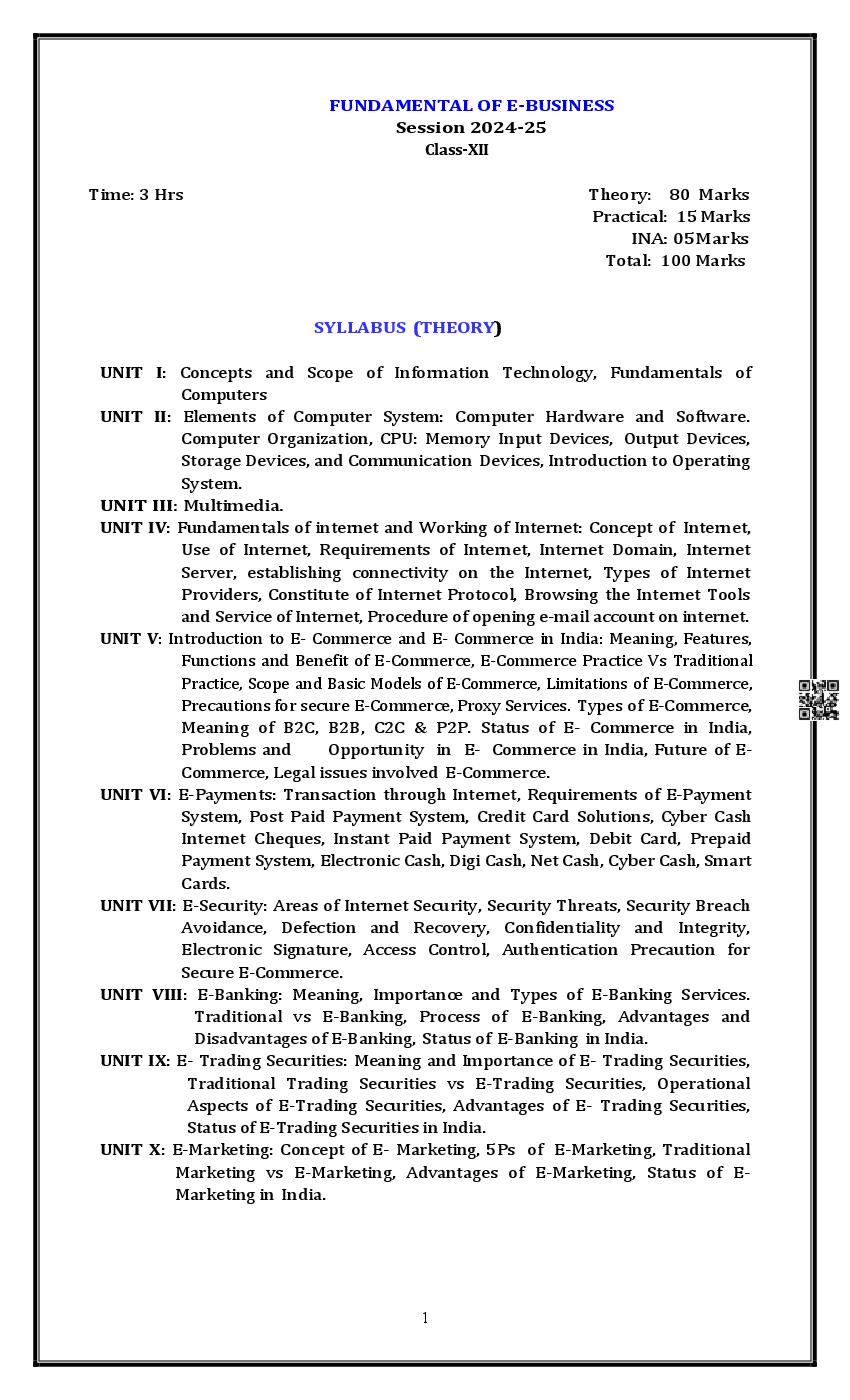 PSEB Class 12 Fundamental of E Business Syllabus (PDF)