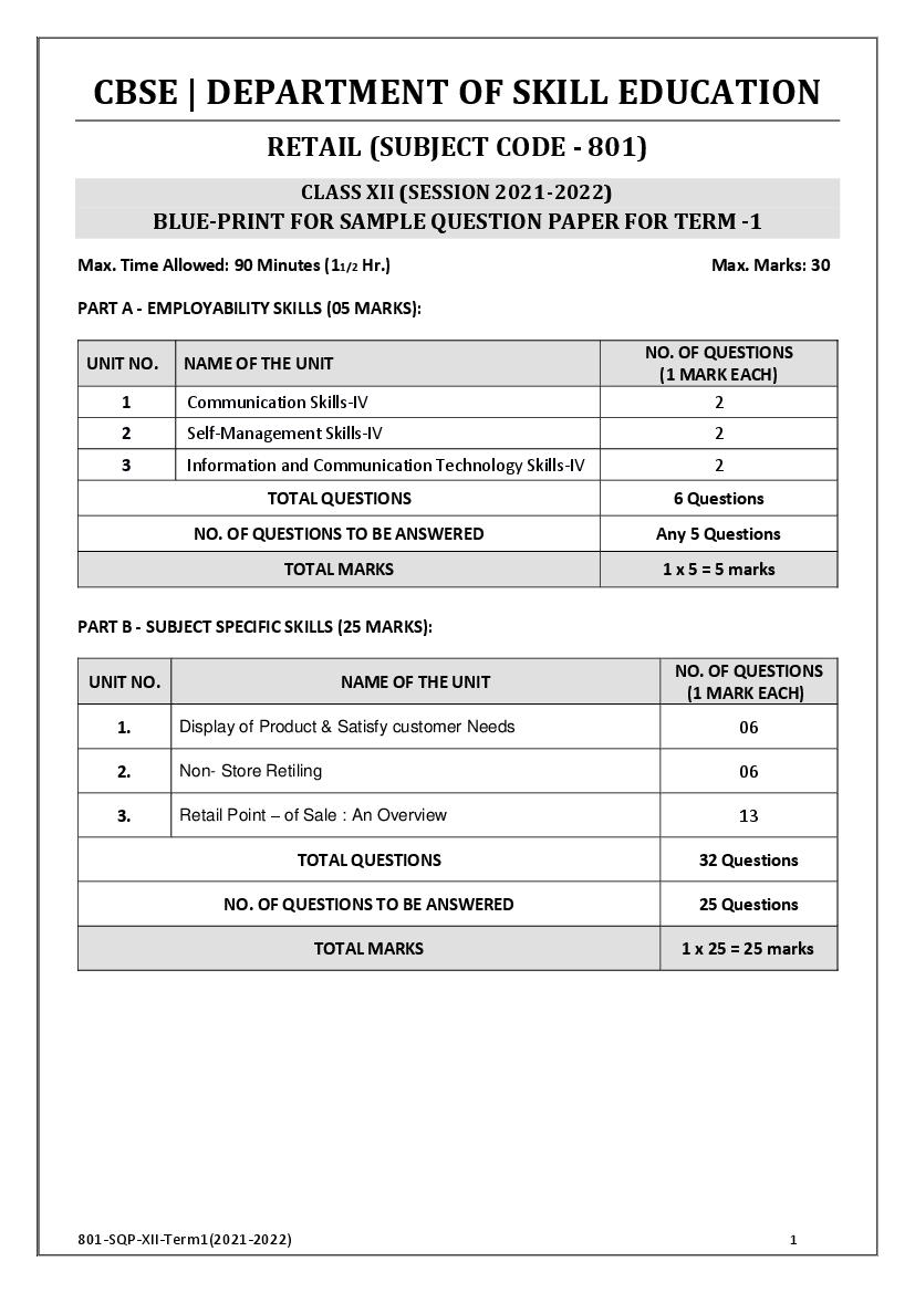 CBSE Class 12 Sample Paper 2022 for Retail Term 1 - Page 1
