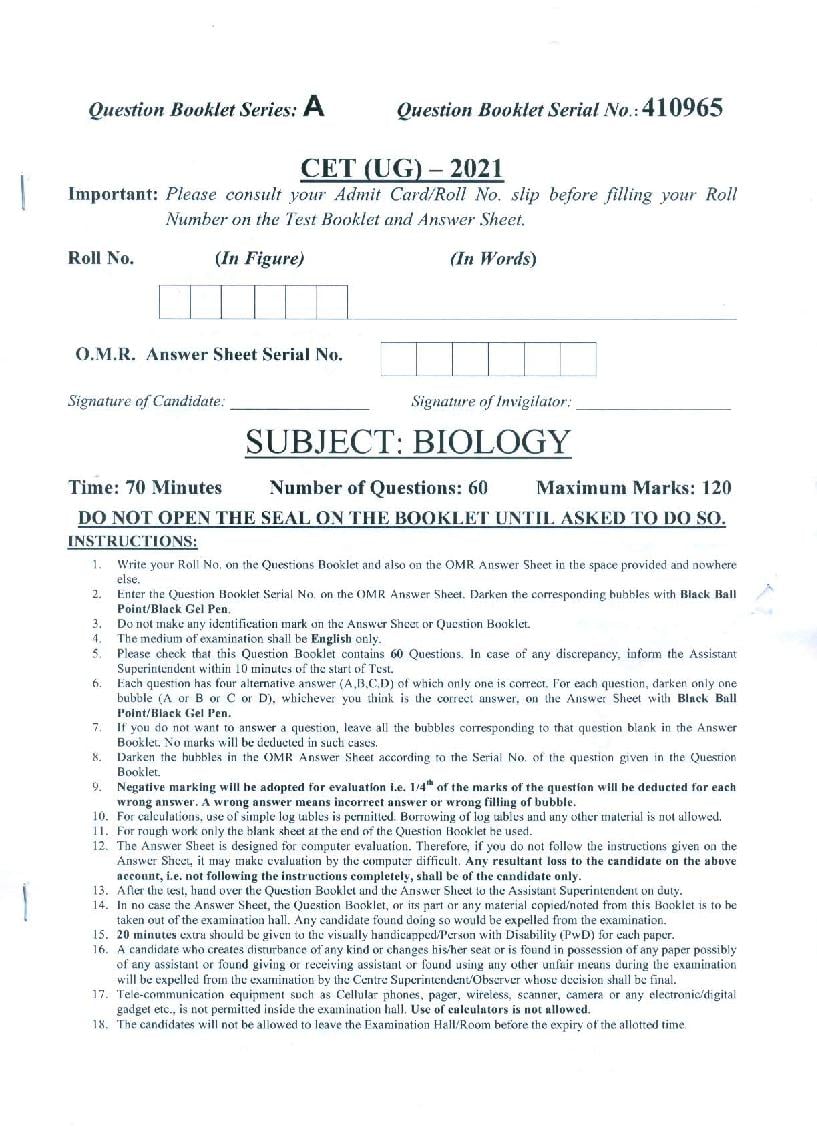 PU CET UG 2021 Question Paper Biology - Page 1