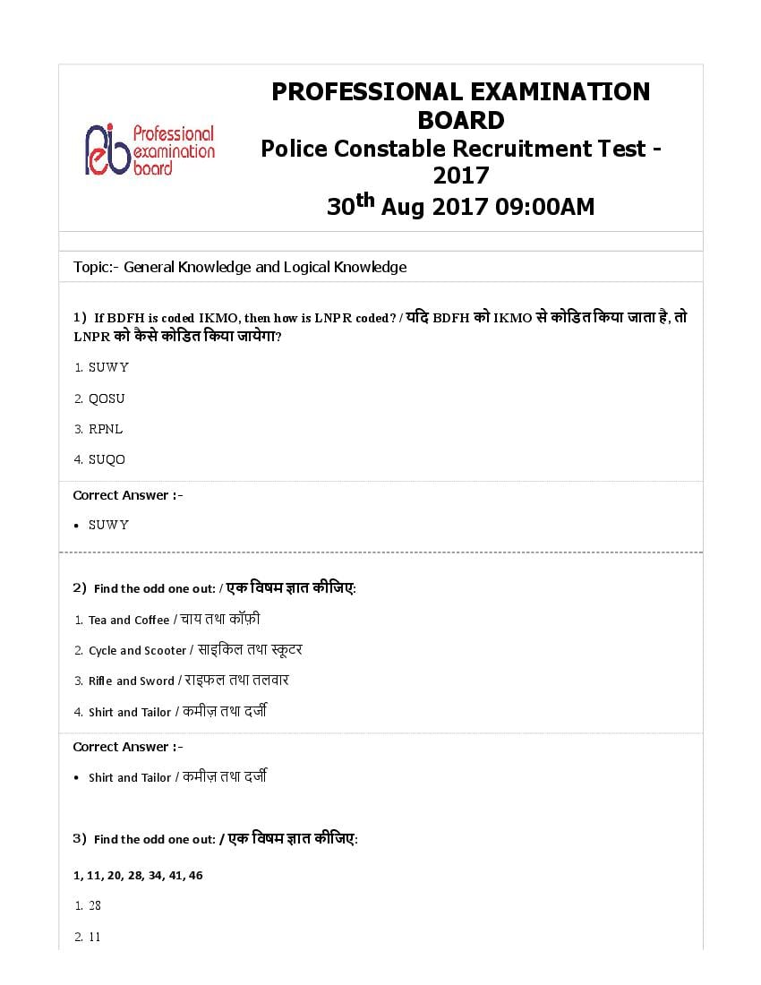 MP Police Constable 2017 Question Paper 30 Aug Shift 1 - Page 1