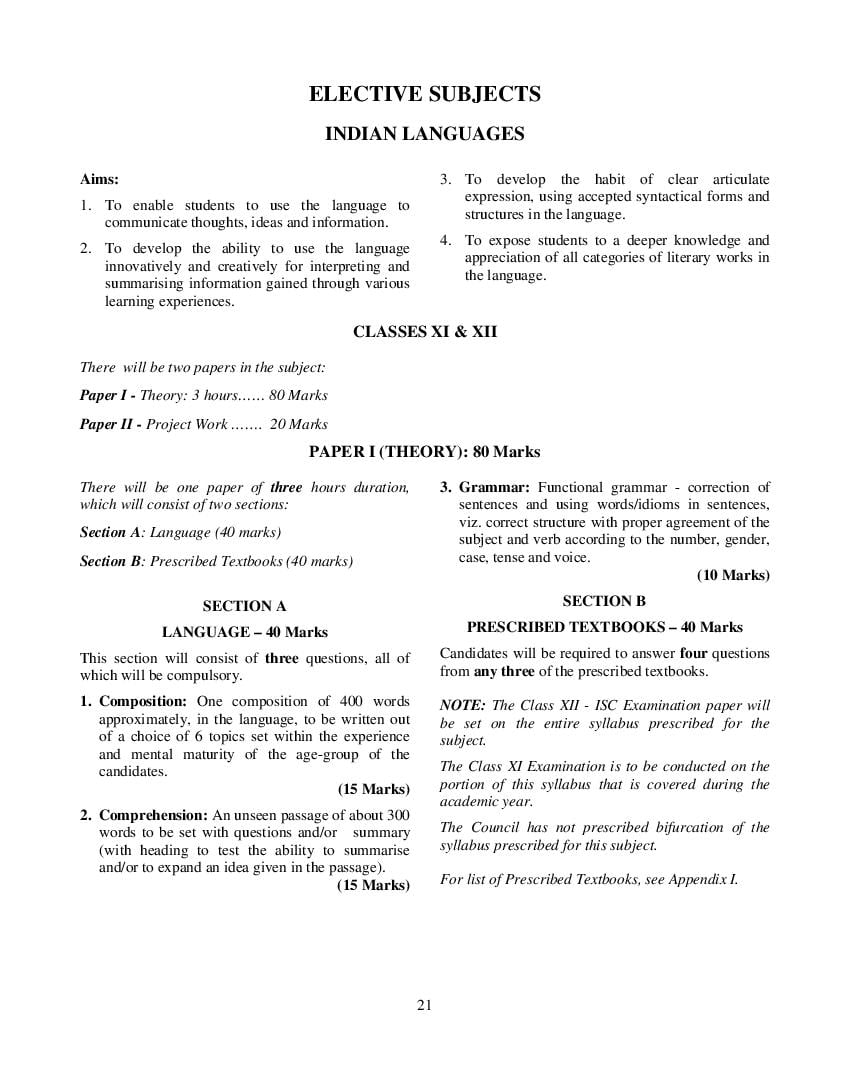 ISC Class 12 Syllabus 2024 Indian Languages - Page 1