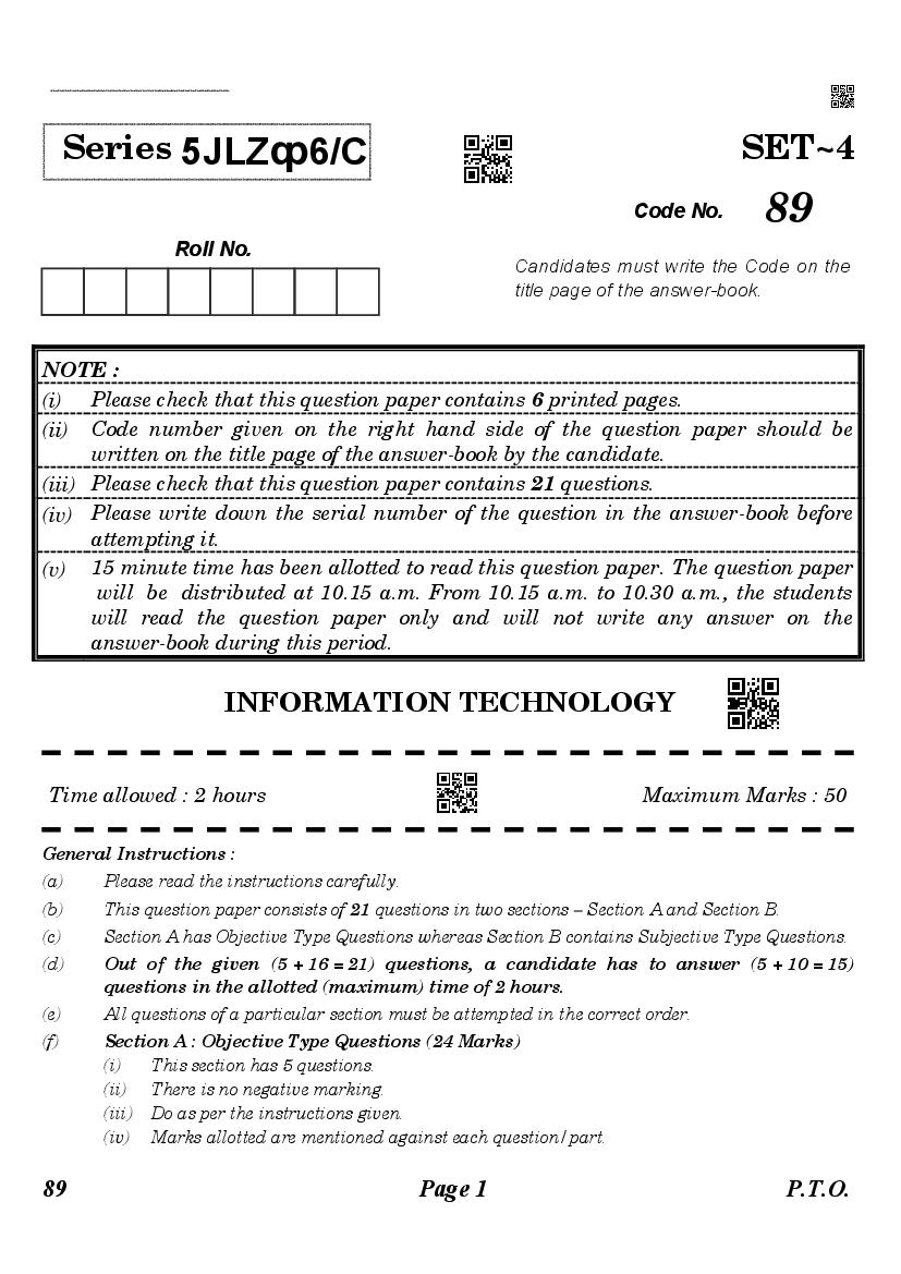 CBSE Class 10 Question Paper 2021 Informatin Technology (Compartment) - Page 1 of 6