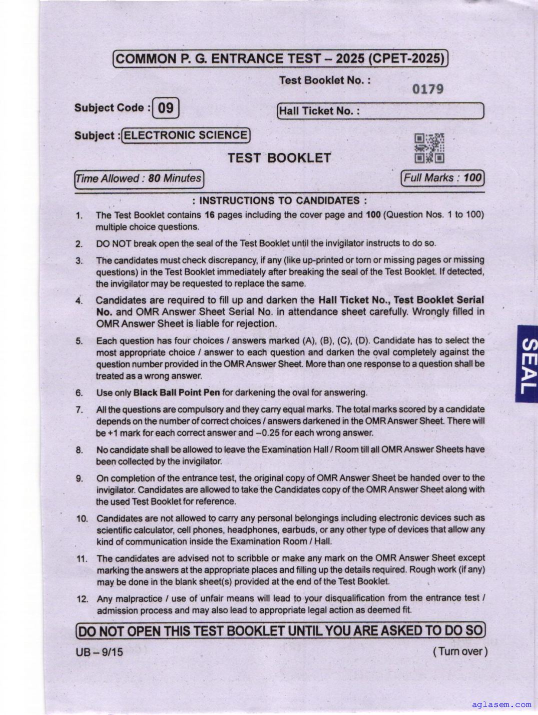 Odisha CPET 2025 Question Paper Electronic Science - Page 1 of 16