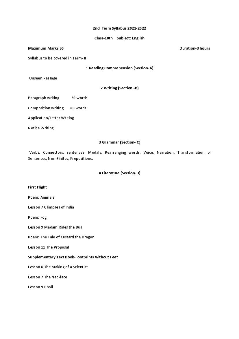 HP Board Class 10 Syllabus 2022 English - Page 1