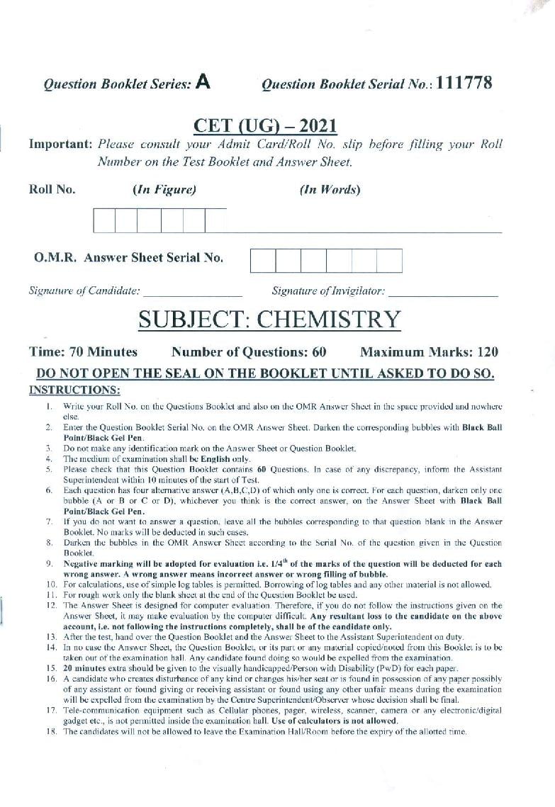 PU CET UG 2021 Question Paper Chemistry - Page 1