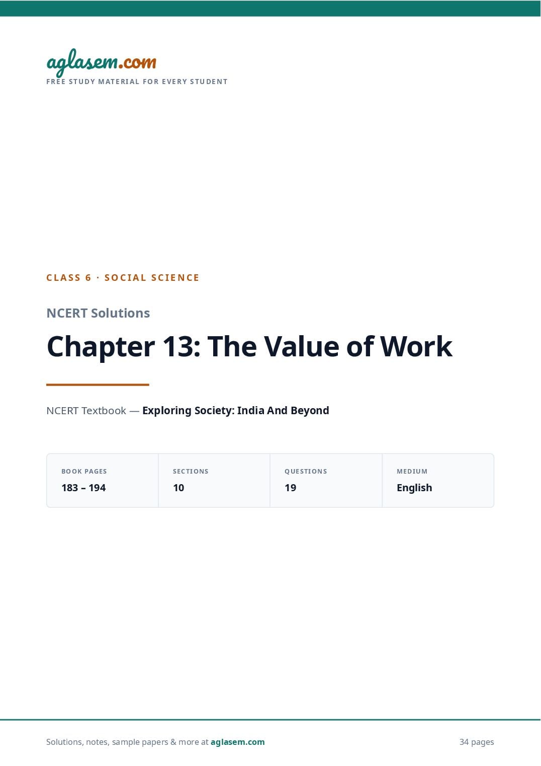 NCERT Solutions Class 6 Social Science Chapter 13 the Value of Work - Page 1 of 35