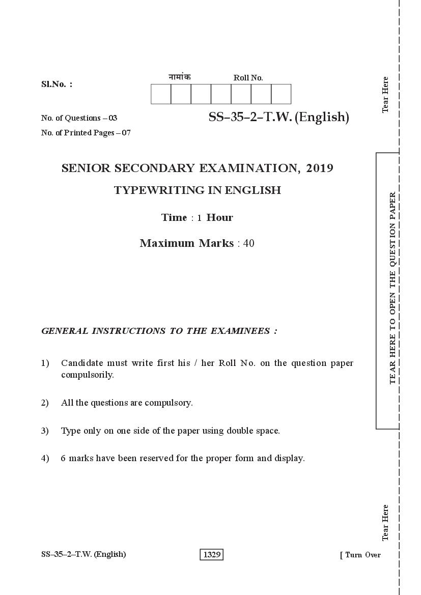 Rajasthan Board Class 12 Question Paper 2019 Typewriting in English - Page 1 of 8