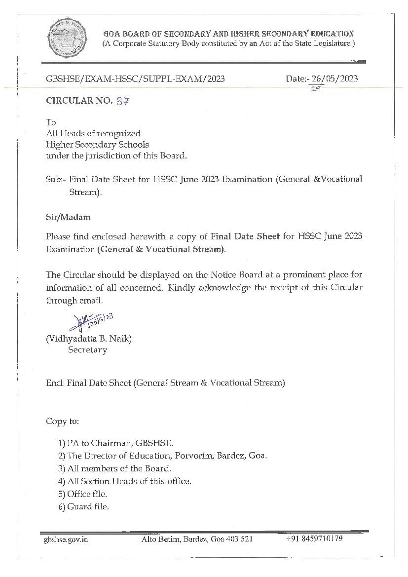 Goa HSSC Supplementary Time Table 2023 Revised - Page 1 of 5