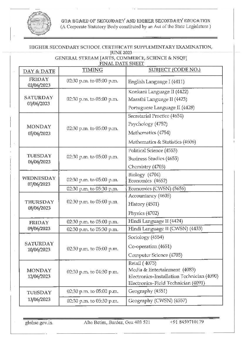 Goa HSSC Supplementary Exam Date 2023 (PDF)