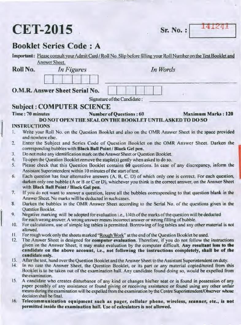 PU CET UG 2015 Question Paper Computer Science - Page 1