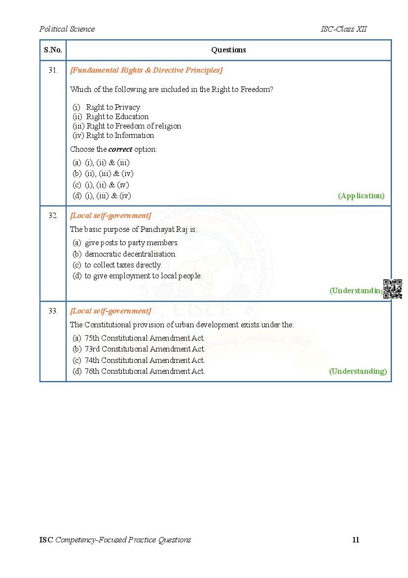 ISC Competency Based Questions Political Science | Class 12 Competency ...