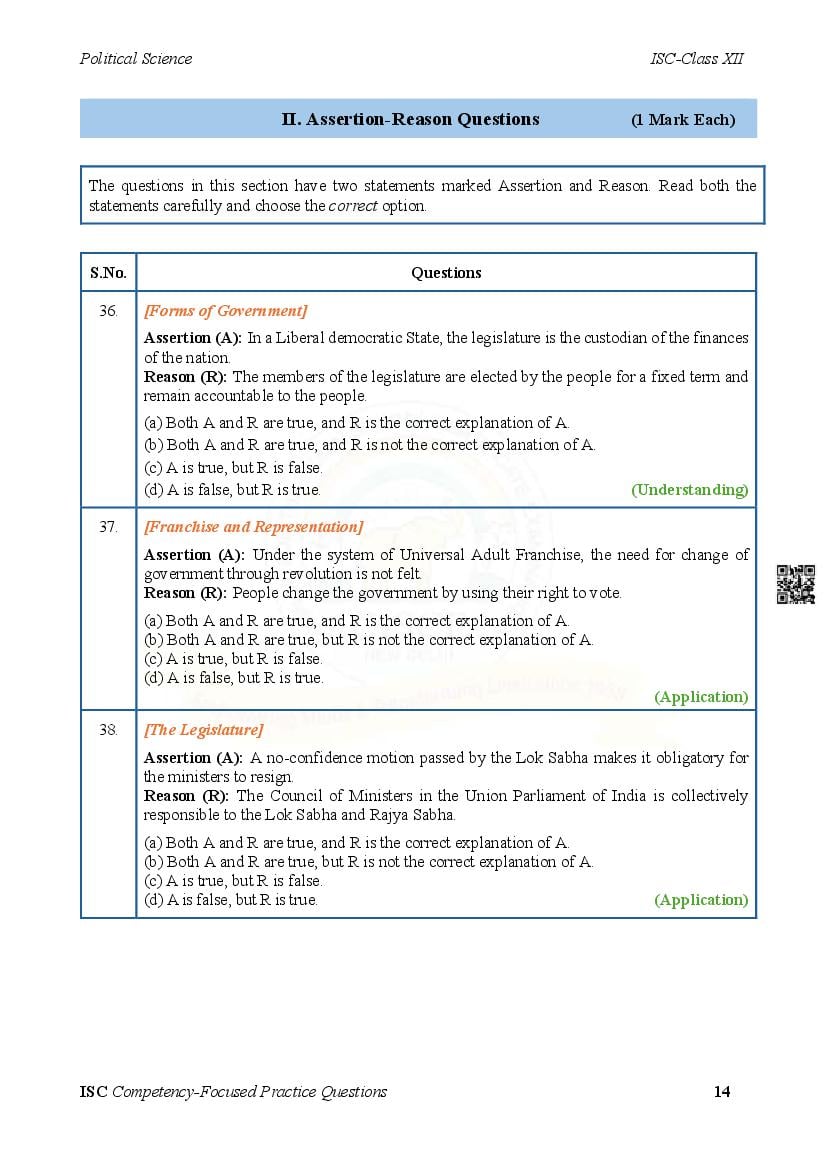 ISC Competency Based Questions Political Science | Class 12 Competency ...