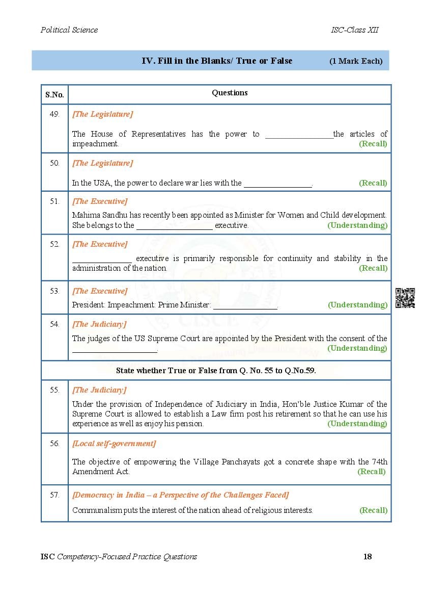 ISC Competency Based Questions Political Science | Class 12 Competency ...