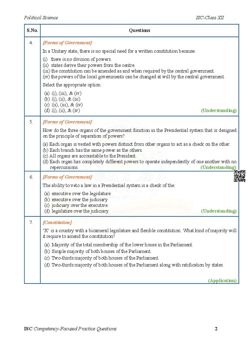 ISC Competency Based Questions Political Science | Class 12 Competency ...