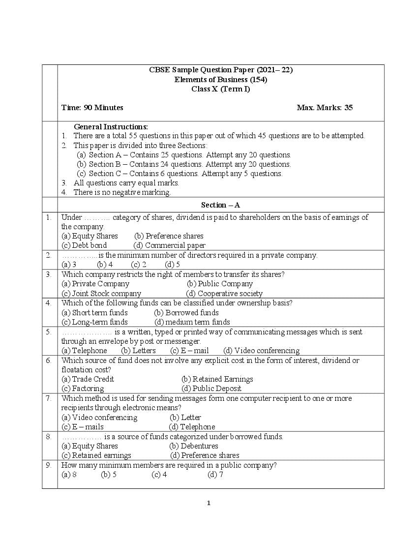 CBSE Class 10 Sample Paper 2022 for Elements Business - Page 1